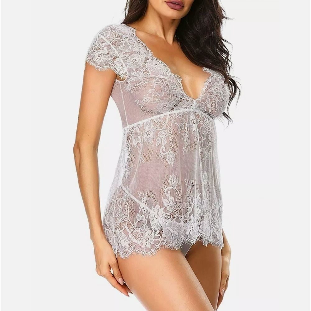 Women Eyelash Lace Sexy Lingerie See-Through Babydoll Sleepwear Blue Dress Set